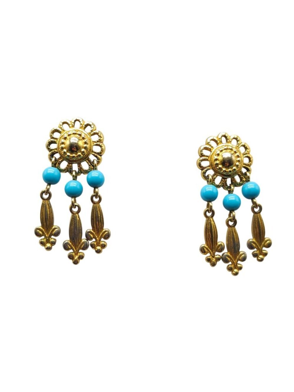 Vintage Gold Tone Turquoise Bead Dangle Earrings With Fleur-De-Lis